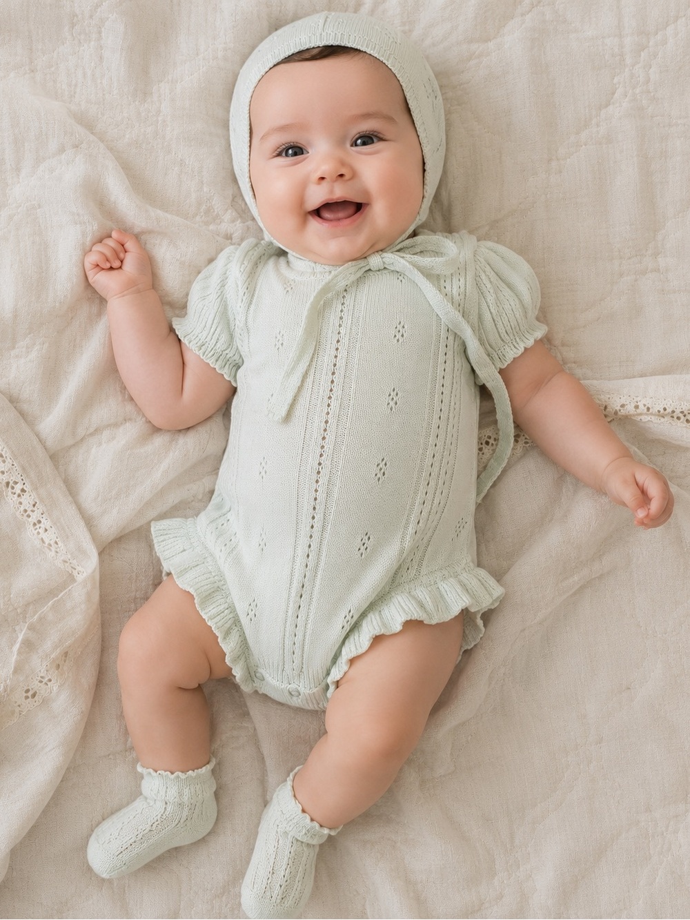 Mint Knit Ruffle Baby Romper with Bonnet